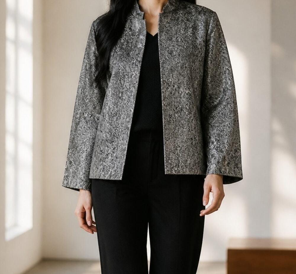 Laura Ashley Women's Open Front Lined Jacket Black Silver Size Large